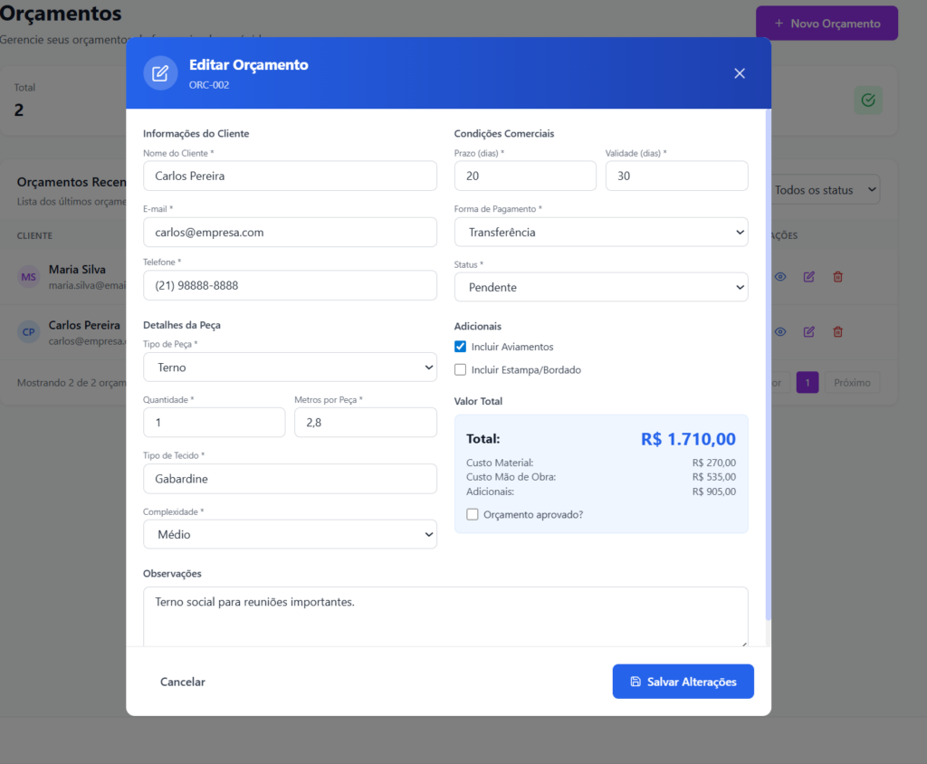 Edição do orçamento
